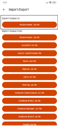 Export Recipes page of Recipe Keeper
